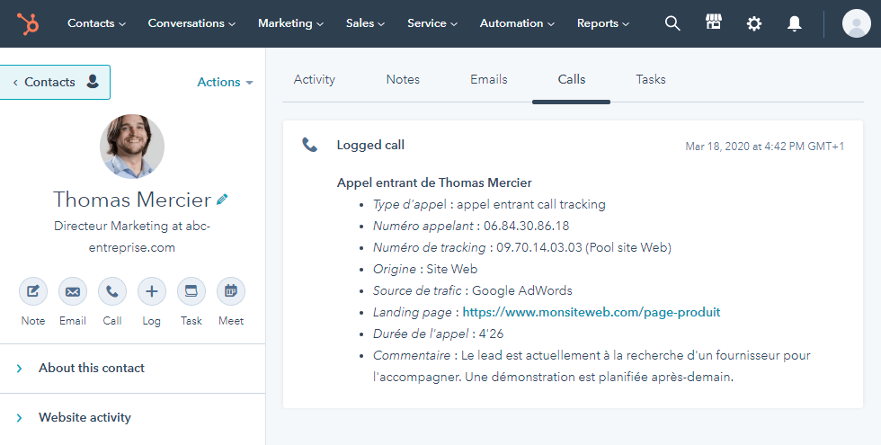 Rapport call tracking HubSpot